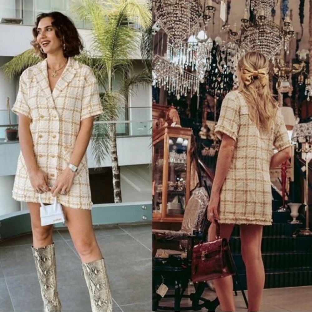 ♥️… Zara Yellow White Plaid Tweed Front Double-Breasted Mini Dress Women… - Picture 2 of 6